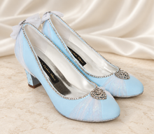 Load image into Gallery viewer, Cinderella Inspired Bridal Shoes | Something Blue Satin Block Heels
