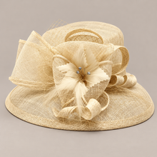Load image into Gallery viewer, Beige Sinamay Fascinator Hat with Feathers &amp; Crystal Detail – Sale
