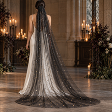 Load image into Gallery viewer, Black or Ivory Celestial Wedding Veil – Gold Moon &amp; Star Tulle Veil
