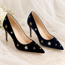 Load image into Gallery viewer, Black or Navy Velvet Celestial Bridal Shoes – Star Stiletto Heels

