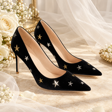 Load image into Gallery viewer, Black or Navy Velvet Celestial Bridal Shoes – Star Stiletto Heels
