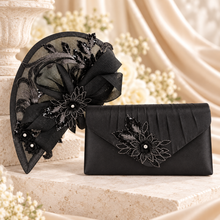 Load image into Gallery viewer, Black Satin Clutch Bag &amp; Teardrop Fascinator Matching Set
