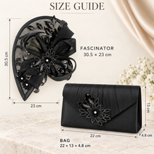Load image into Gallery viewer, Black Satin Clutch Bag &amp; Teardrop Fascinator Matching Set
