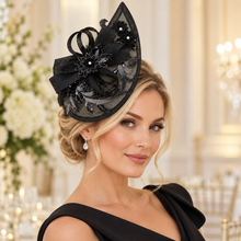 Load image into Gallery viewer, Black Satin Clutch Bag &amp; Teardrop Fascinator Matching Set
