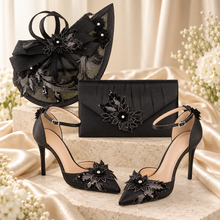 Load image into Gallery viewer, Black Satin Clutch Bag &amp; Teardrop Fascinator Matching Set
