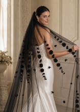 Load image into Gallery viewer, Black 3D Floral Cathedral Wedding Veil – 300cm Gothic Bridal Veil with Comb
