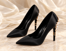 Load image into Gallery viewer, Black Satin Pointed Toe Stiletto Court Shoes | 8cm, 10cm, 12cm Heel
