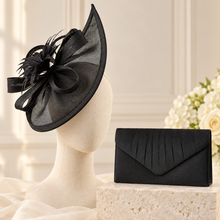 Load image into Gallery viewer, Black Sinamay Fascinator and Satin Clutch Bag Set | Wedding Guest Accessories
