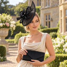 Load image into Gallery viewer, Black Sinamay Fascinator and Satin Clutch Bag Set | Wedding Guest Accessories
