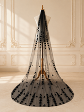 Load image into Gallery viewer, Black 3D Floral Cathedral Wedding Veil – 300cm Gothic Bridal Veil with Comb
