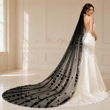 Load image into Gallery viewer, Black 3D Floral Cathedral Wedding Veil – 300cm Gothic Bridal Veil with Comb
