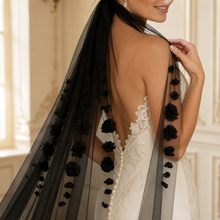 Load image into Gallery viewer, Black 3D Floral Cathedral Wedding Veil – 300cm Gothic Bridal Veil with Comb
