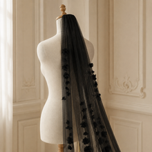 Load image into Gallery viewer, Black 3D Floral Cathedral Wedding Veil – 300cm Gothic Bridal Veil with Comb
