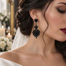 Load image into Gallery viewer, Black Heart Statement Earrings – Gothic Bridal Rhinestone Drop Earrings
