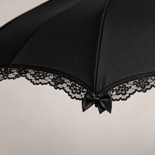 Load image into Gallery viewer, Black Pagoda Umbrella with Lace &amp; Satin Bows – Wedding &amp; Occasion Umbrella
