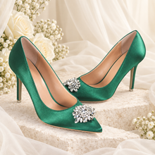 Load image into Gallery viewer, Crystal Pointed-Toe Satin Court Shoes – Black, Ivory, Emerald Green or Royal Blue
