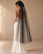 Load image into Gallery viewer, Black &amp; Silver Sparkling Stars Bridal Veil – 150cm – Sale
