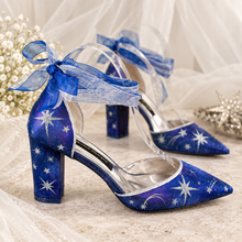 Load image into Gallery viewer, Blue Celestial Wedding Shoes – Galaxy Block Heels with Ankle Ribbons
