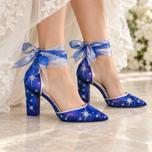 Load image into Gallery viewer, Blue Celestial Wedding Shoes – Galaxy Block Heels with Ankle Ribbons
