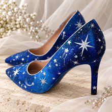 Load image into Gallery viewer, Blue Celestial Wedding Shoes – Hand-Painted Galaxy Bridal Heels
