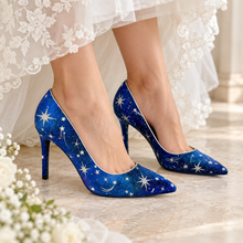 Load image into Gallery viewer, Blue Celestial Wedding Shoes – Hand-Painted Galaxy Bridal Heels
