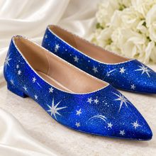 Load image into Gallery viewer, Hand-Painted Celestial Wedding Flats – Blue Pointed-Toe Shoes
