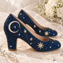 Load image into Gallery viewer, Navy Celestial Wedding Shoes – Glitter Moon &amp; Star Block Heels
