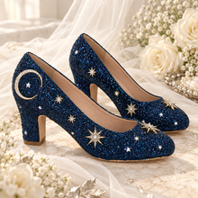 Load image into Gallery viewer, Navy Celestial Wedding Shoes – Glitter Moon &amp; Star Block Heels

