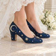 Load image into Gallery viewer, Navy Celestial Wedding Shoes – Glitter Moon &amp; Star Block Heels
