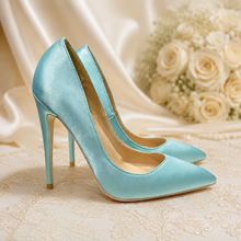 Load image into Gallery viewer, Light Blue Satin Pointed Toe Stiletto Court Shoes | 8cm, 10cm, 12cm Heel | Large Sizes
