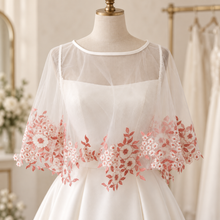 Load image into Gallery viewer, Pink Floral Embroidered Bridal Cape – Sheer Tulle Wedding Dress Cover Up
