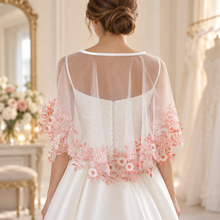 Load image into Gallery viewer, Pink Floral Embroidered Bridal Cape – Sheer Tulle Wedding Dress Cover Up
