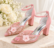 Load image into Gallery viewer, Blush Pink Butterfly Bridal Shoes | Rose Gold Embroidered Block Heels
