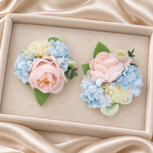 Load image into Gallery viewer, Blush &amp; Blue Floral Bridal Shoe Clips – Handmade Wedding Flowers
