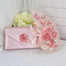 Load image into Gallery viewer, Pink Floral Embroidered Fascinator Hat &amp; Satin Clutch Bag Set
