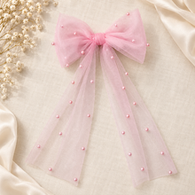 Load image into Gallery viewer, Pearl Tulle Hair Bow with Long Tails – Bridal Bow in White, Ivory, Black or Rainbow Pearls
