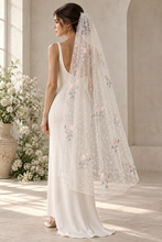 Load image into Gallery viewer, Blush Pink Floral Embroidered Wedding Veil with Swiss Dot Detail – 100–300cm
