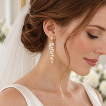 Load image into Gallery viewer, Gold Crystal Leaf Drop Earrings – Long Botanical Bridal Earrings
