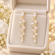 Load image into Gallery viewer, Gold Crystal Leaf Drop Earrings – Long Botanical Bridal Earrings
