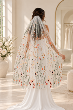 Load image into Gallery viewer, Colourful Wildflower Embroidered Wedding Veil – White Floral Bridal Veil
