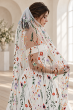 Load image into Gallery viewer, Colourful Wildflower Embroidered Wedding Veil – White Floral Bridal Veil
