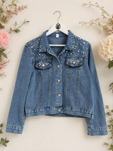 Load image into Gallery viewer, Personalized Pearl Denim Bridal Jacket: Bride to Be, Hen Party
