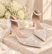 Load image into Gallery viewer, Bridal White Floral Beaded Wedding Heels | Sling Back, Ankle Strap or Leg Tie
