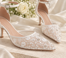 Load image into Gallery viewer, Bridal White Floral Beaded Wedding Heels | Sling Back, Ankle Strap or Leg Tie
