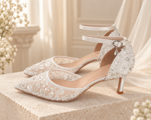 Load image into Gallery viewer, Bridal White Floral Beaded Wedding Heels | Sling Back, Ankle Strap or Leg Tie
