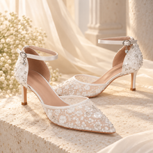 Load image into Gallery viewer, Bridal White Floral Beaded Wedding Heels | Sling Back, Ankle Strap or Leg Tie
