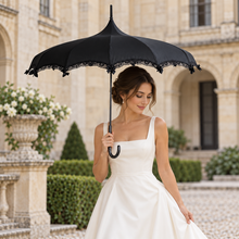 Load image into Gallery viewer, Black Pagoda Umbrella with Lace &amp; Satin Bows – Wedding &amp; Occasion Umbrella
