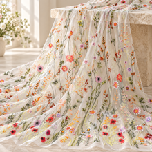 Load image into Gallery viewer, Bright Meadow Flower Embroidered Tulle Fabric – White – By the Yard
