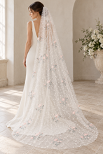 Load image into Gallery viewer, Blush Pink Floral Embroidered Wedding Veil with Swiss Dot Detail – 100–300cm
