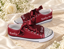 Load image into Gallery viewer, Personalised Bridal Trainers with Crystal Toes and Satin Ribbon Laces
